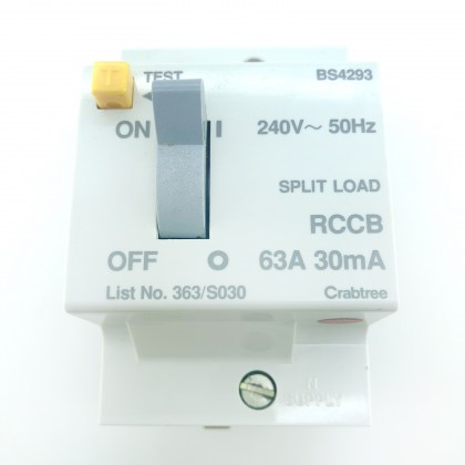 Crabtree 363/S030 Split Load 63A 63 Amp 30mA RCD RCCB 2 Double Pole Circuit Breaker